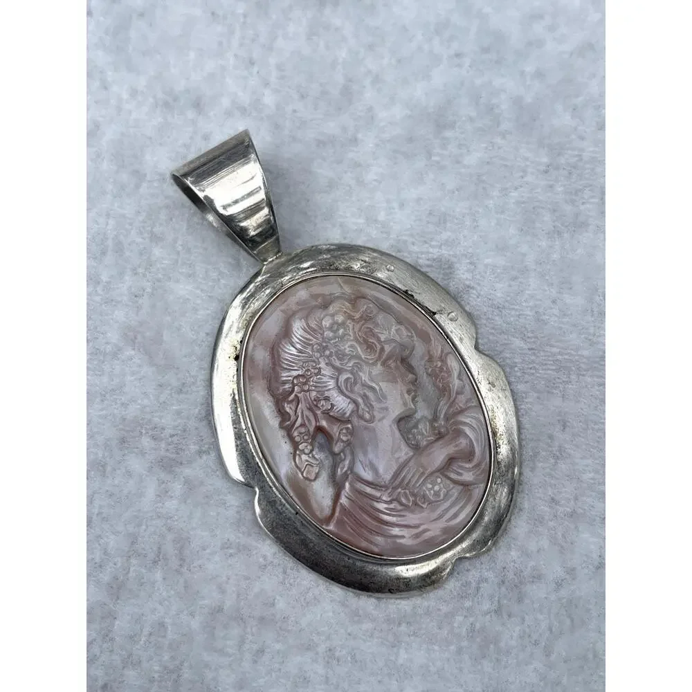 Vintage OTTO Signed Sterling Silver Cameo Pendant Large 2.7